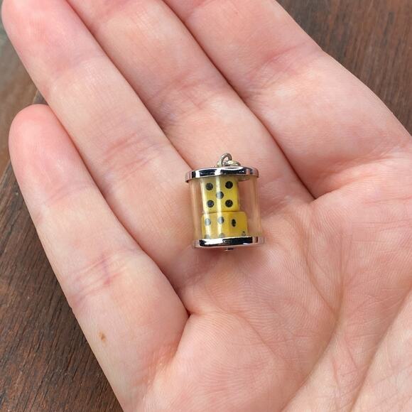 Vintage 925 Sterling Silver Lucky Yellow Dice in Cylinder Pendant Bracelet Charm - Picture 1 of 6